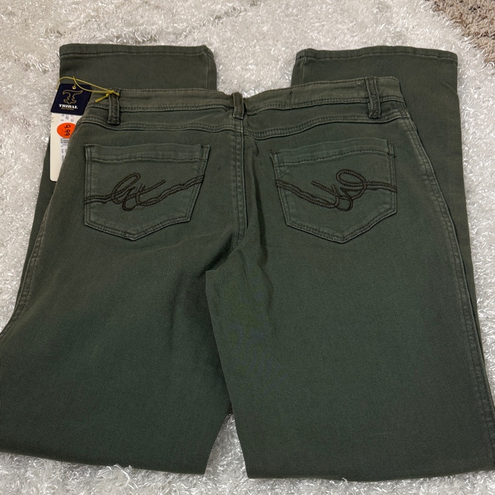 Tribal green denim jeans Camille mid waist straight leg new
